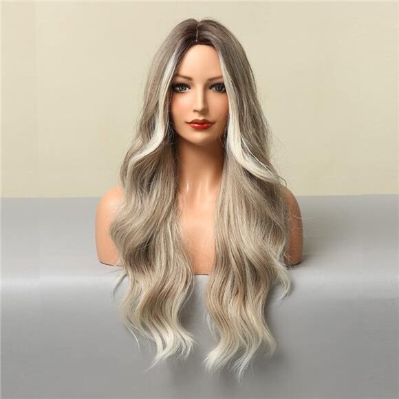 Women's Ombre Ash Blonde Wig Long Wavy Synthetic Wig, 26Inch - Picture 2 of 7